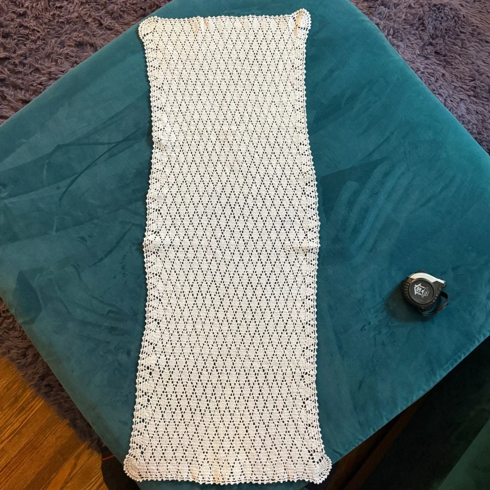 Vintage White Crochet Table Runner Rectangular Lace Boho Cottagecore Decor 33x12